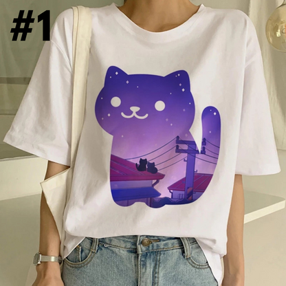 Cute Cat Starry Night Powerline Print Short Sleeve T-shirt Vintage Aesthetic Casual E-Girl Kawaii Korean Japanese Harajuku