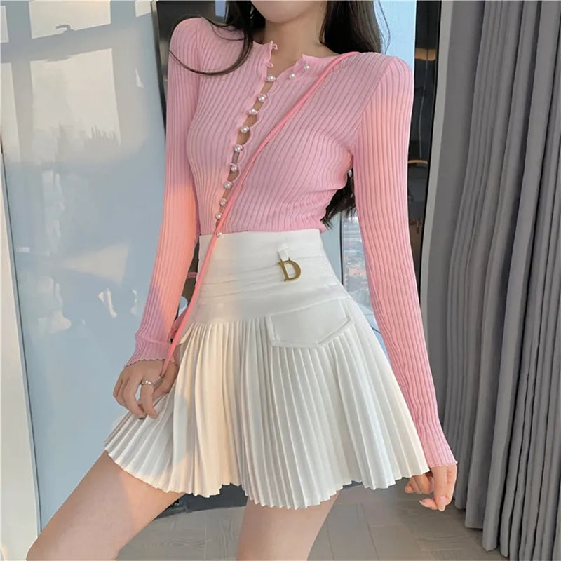 White Pleated D Metal Plate High Waist Mini Skirt