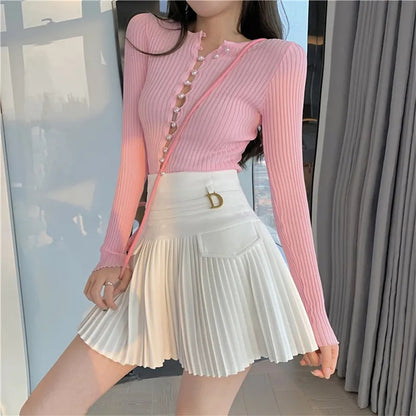 White Pleated D Metal Plate High Waist Mini Skirt
