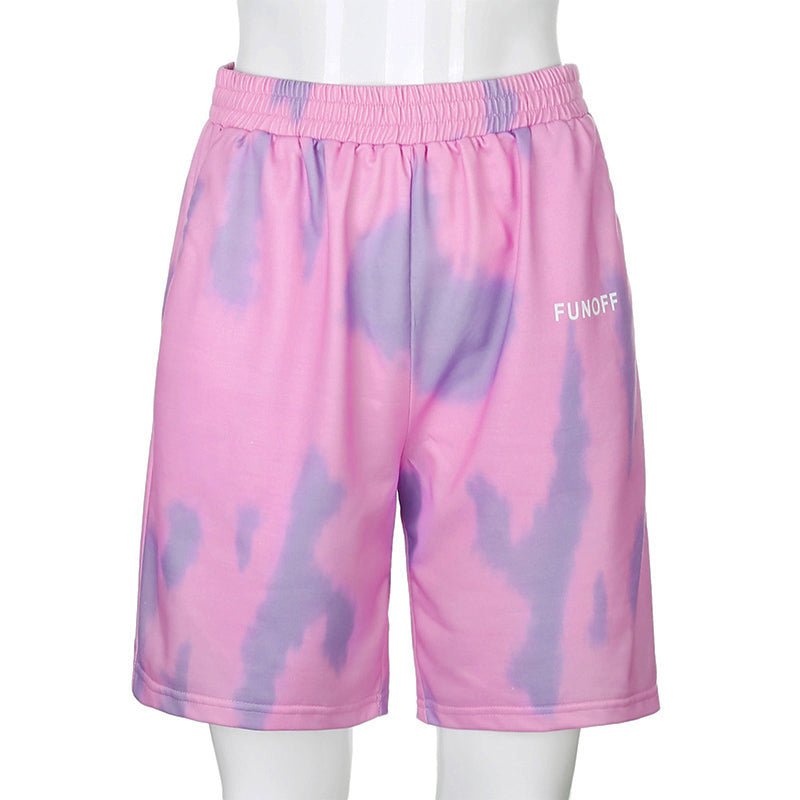 Cute Colorful Tie Dyed Print Casual Sweat Short High Waisted Pants Bottom E-Girl Kawaii Korean Japanese Harajuku Chinese Retro Streetwear Aesthetic