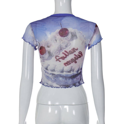 Angel Cake Print Ruffle Short Sleeve Shirt