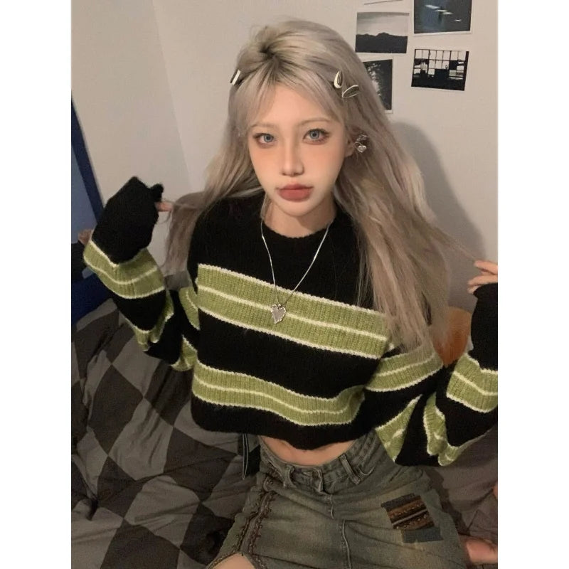 Green & Black Cropped Sweater