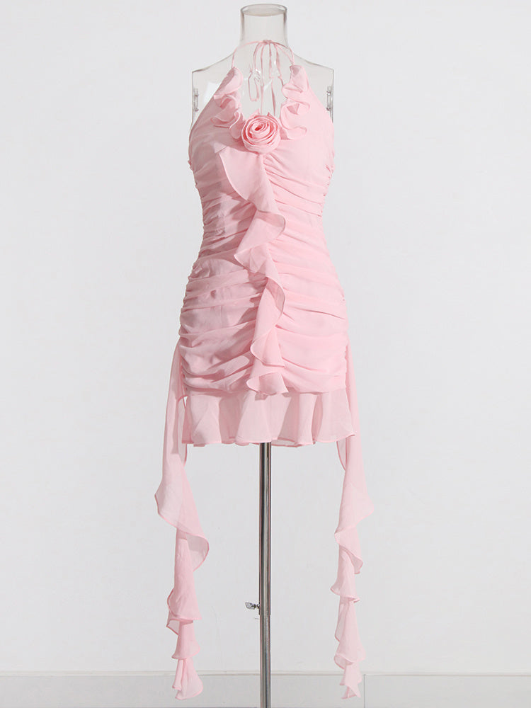 Pink Flower Halter Fold Mini Dress