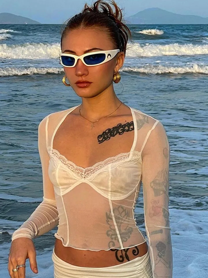 White Lace Trim Mesh Square Neck Long Sleeve Shirt