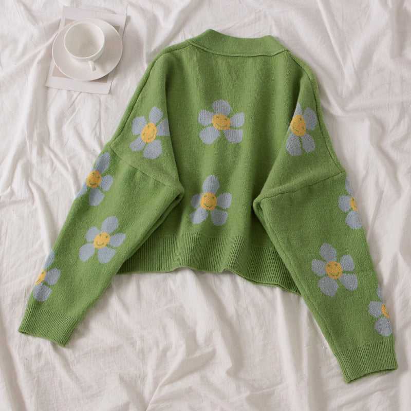 Cute Vintage Flower V Neck Long Sleeve Knit Cardigan Sweater Sweatshirt Pullover Jumper E-Girl Kawaii Korean Japanese Harajuku Streetwear