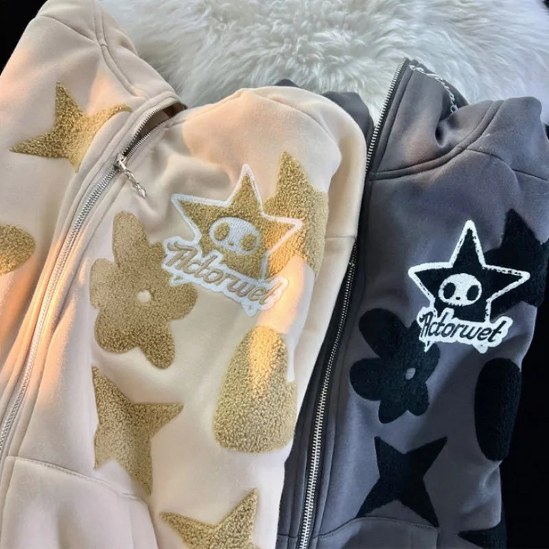 Star Print Zip Up Hoodie