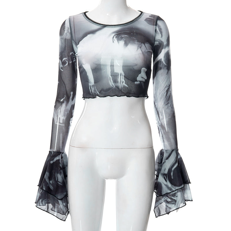 Y2K Punk Print Flare Long Sleeve Top