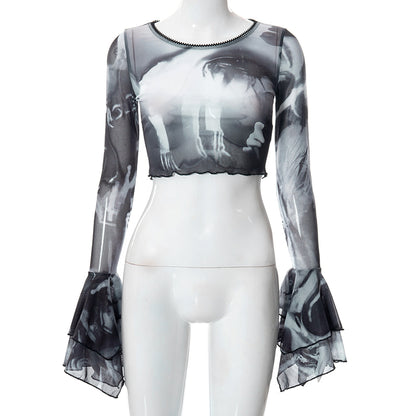 Y2K Punk Print Flare Long Sleeve Top