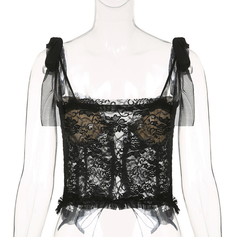 Black Lace Sheer Bow Tie Corset Top