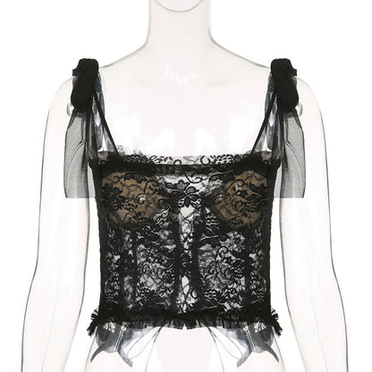 Black Lace Sheer Bow Tie Corset Top