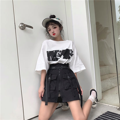 Cute Goth Punk High Waist Belt Skirt E-Girl Kawaii Korean Japanese Harajuku Chinese Retro Streetwear Aesthetic