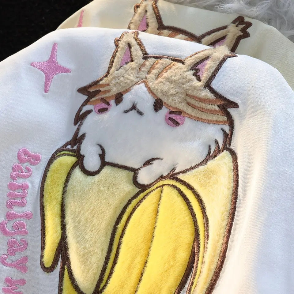 Fluffy Cat Banana Short Sleeve T-shirt