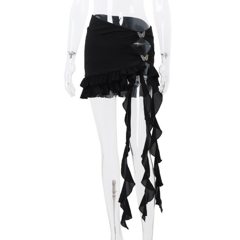 Black Butterfly Ruffle Hollow Out Split Mini Skirt