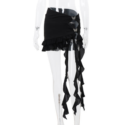 Black Butterfly Ruffle Hollow Out Split Mini Skirt