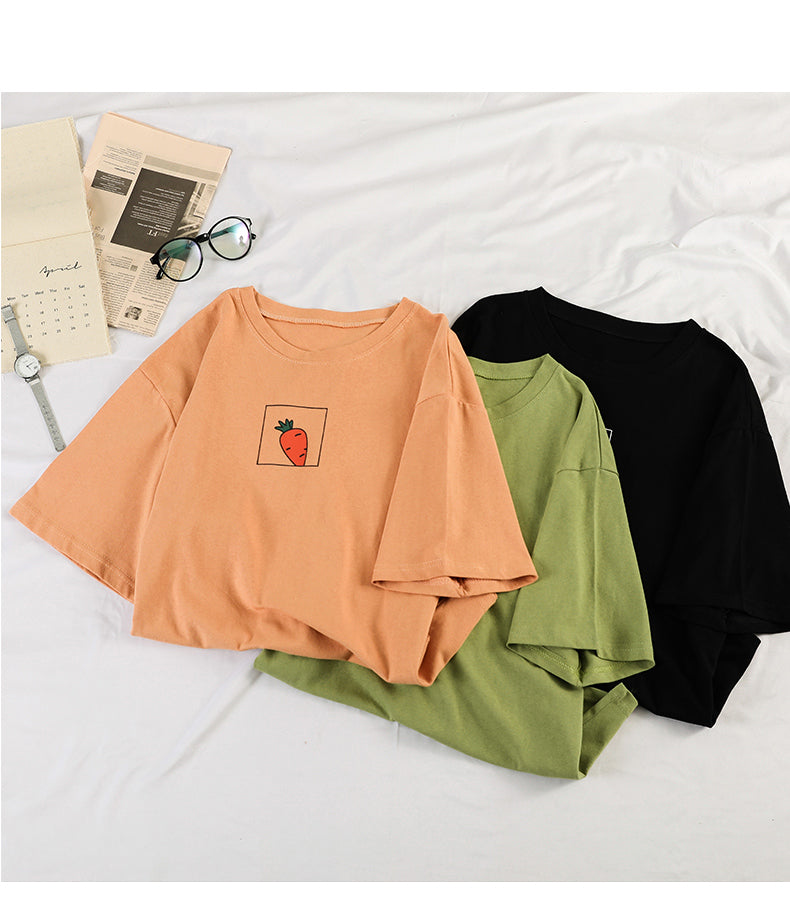 Cute 90s Carrot Print Cartoon vintage Graphic Tee T-shirt Short Sleeve Shirt Top E-Girl Kawaii Korean Japanese Harajuku Retro Streetwear