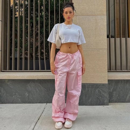 Pink Drawstring Low Waist Trousers