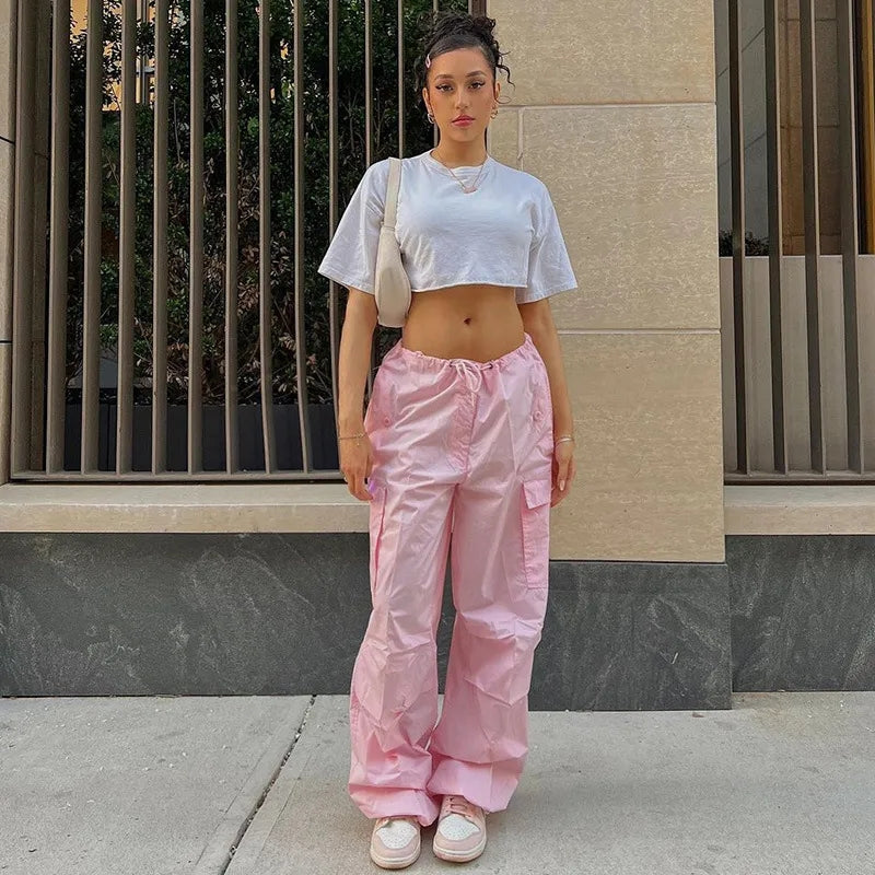 Pink Drawstring Low Waist Trousers