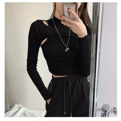 Cute 2pcs K-pop Black White Hollow Knit Long Sleeve Shirt Crop Top Fitness Streetwear Summer Aesthetic Casual E-Girl Kawaii Korean Japanese Harajuku