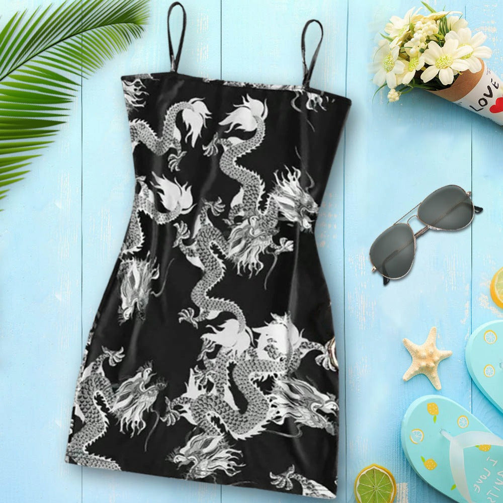 Cute Sexy Dragon Print Sleeveless Split Club Bodycon Mini Dress Party E-Girl Kawaii Korean Japanese Harajuku Chinese Retro Streetwear Aesthetic