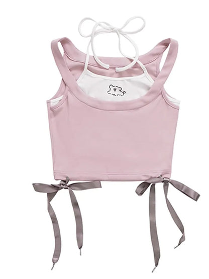2PCS Dog Print Bow Tie Halter Top