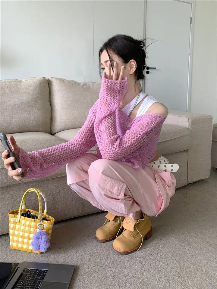 Pink Hollow Out Knit Cropped Sweater