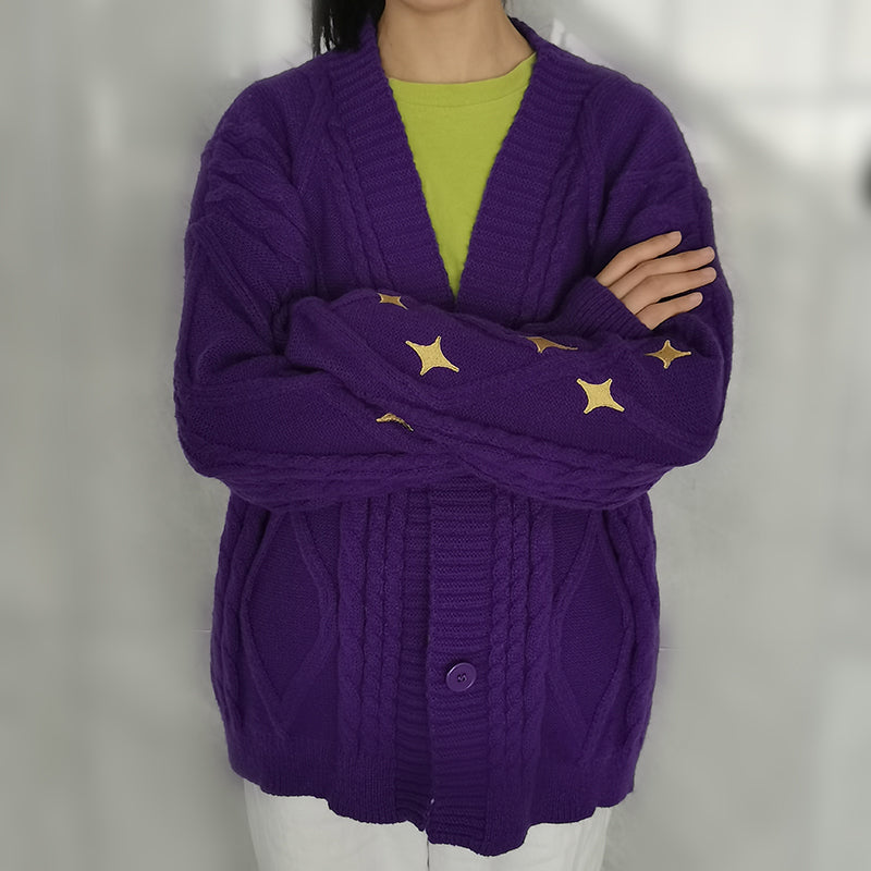 Purple Star Embroidery Button Cardigan