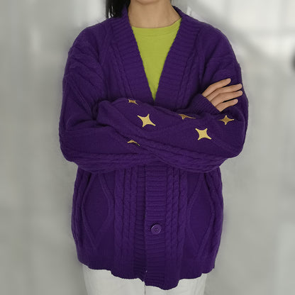 Purple Star Embroidery Button Cardigan