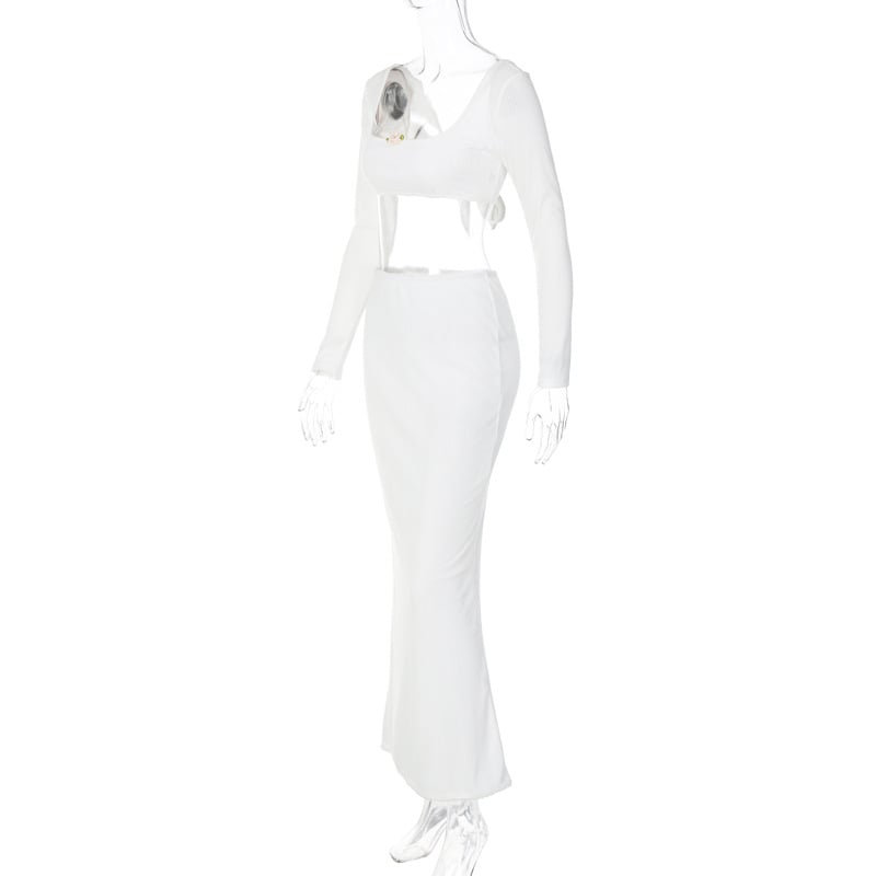 2PCS White Rose Long Sleeve Crop Top + Maxi Skirt