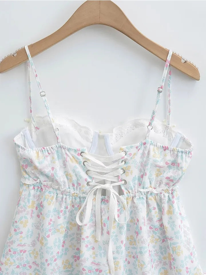 Floral Print Lace Trim Sling Dress