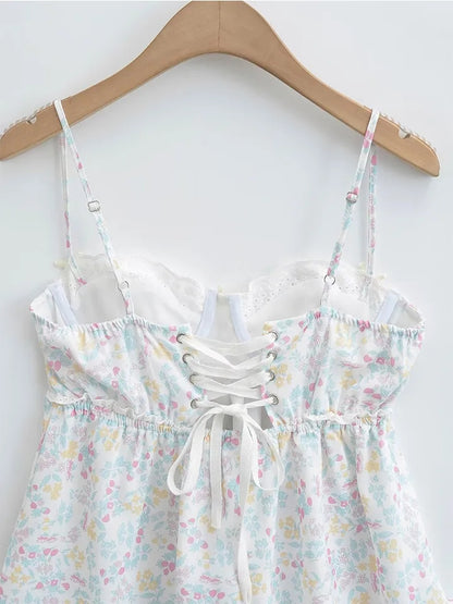 Floral Print Lace Trim Sling Dress