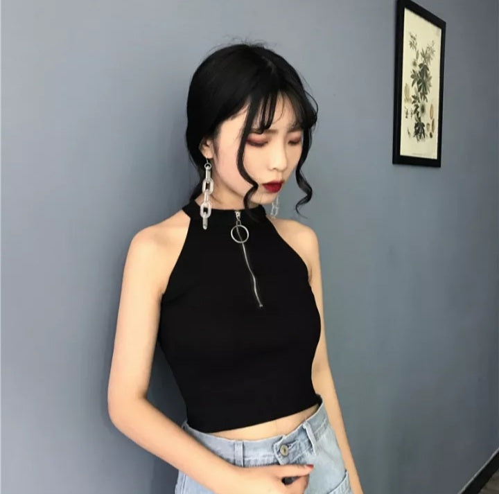 Cute Black White Sexy Knit Zipper Sleeveless Shirt Crop Top Tank Camisole Aesthetic Casual E-Girl Kawaii Korean Japanese Harajuku