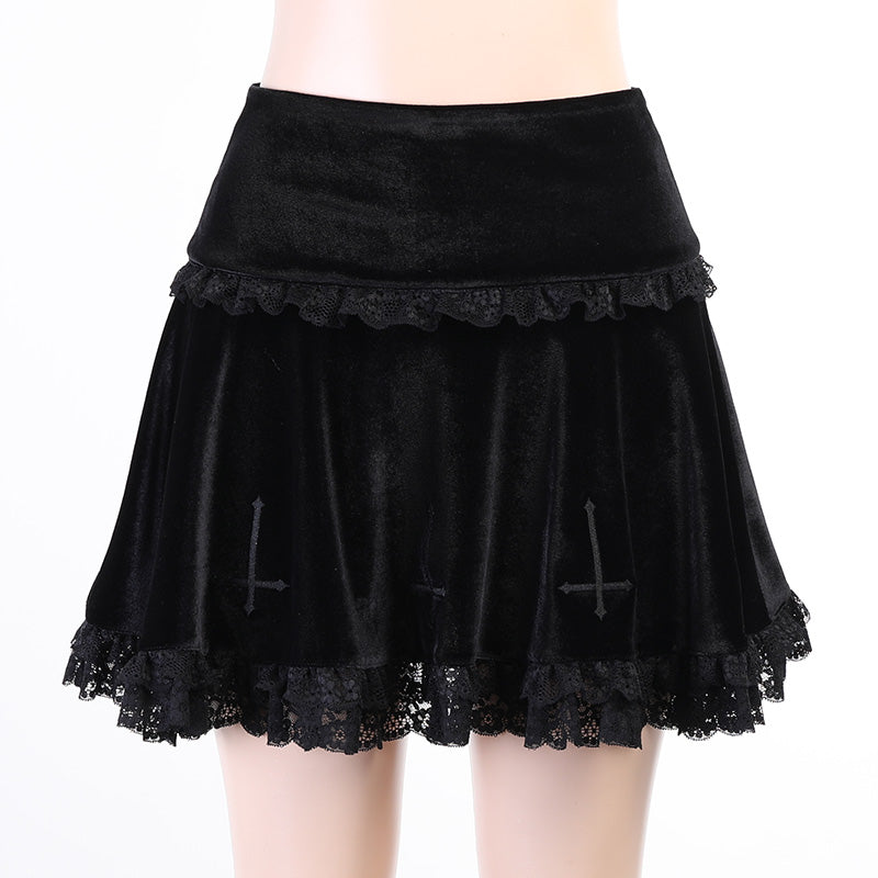 Cute Sexy Goth Black Cross Skirt Vintage Lace Trim A-Line Grunge Punk High Waist Ruffle Summer E-Girl Kawaii Korean Japanese Harajuku Streetwear