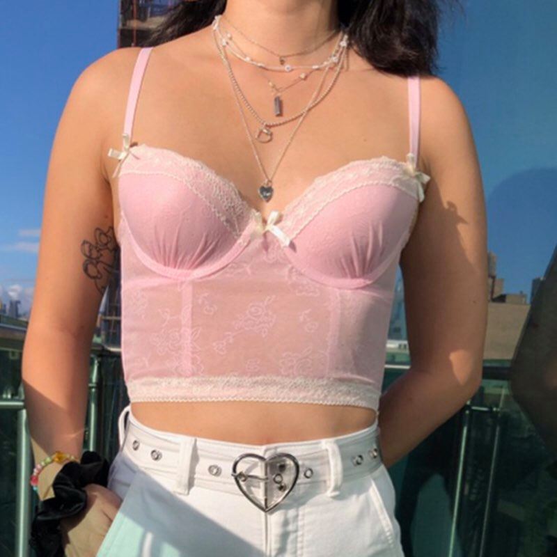 Cute Sexy Pink Sweet Lace Trim Bow Crop Top V Neck Transparent Sleeveless Shirt Summer Party E-Girl Kawaii Korean Japanese Harajuku Streetwear