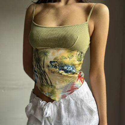 Green Vacation Print Patchwork Tank Top