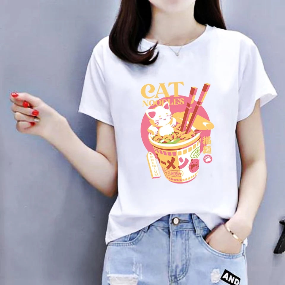Cute Cat Noodle Ramen Graphic Cartoon Print Loose Short Sleeve T-shirt Aesthetic Casual Summer E-Girl Kawaii Korean Japanese Harajuku