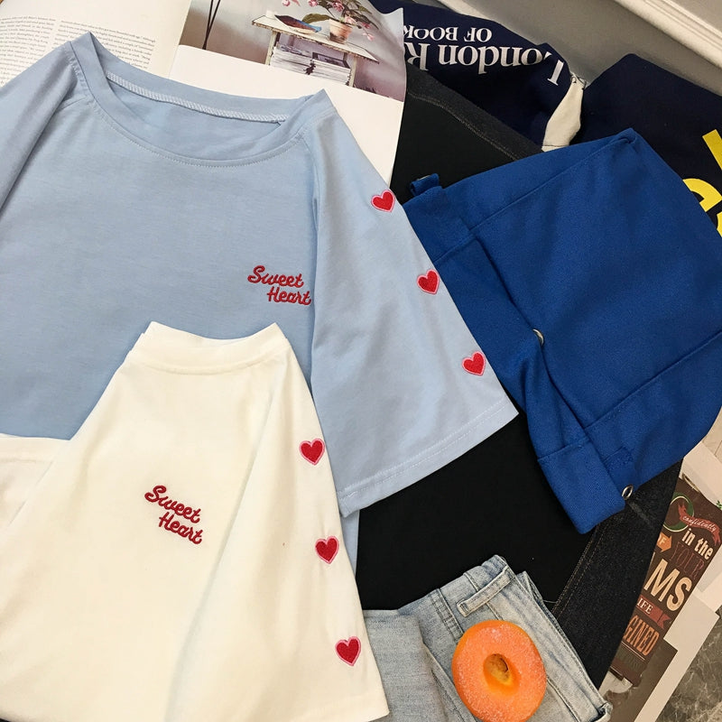 Cute Sweet Heart Embroidery Shirt T-shirt Tee Top Kawaii Korean Japanese Harajuku Chinese Retro Streetwear Aesthetic Fashion