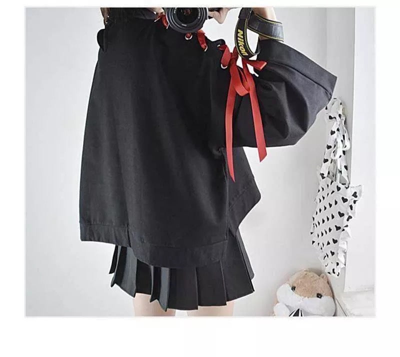 Cute Vintage Anime Fox Print Lace Up Long Sleeve Shirt Hoodie Sweatshirt Top Punk Goth E-Girl Kawaii Korean Japanese Harajuku Streetwear