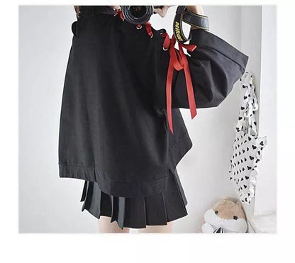 Cute Vintage Anime Fox Print Lace Up Long Sleeve Shirt Hoodie Sweatshirt Top Punk Goth E-Girl Kawaii Korean Japanese Harajuku Streetwear