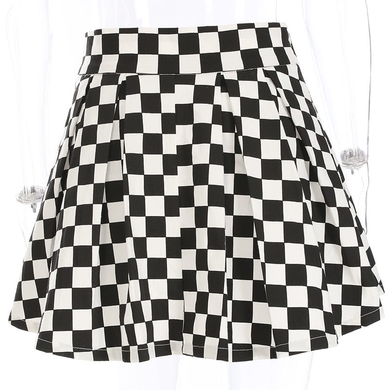 Cute Sexy Checkered Pleated Black White Sash High Waisted Skater Skirt E-Girl Kawaii Korean Japanese Harajuku Streetwear