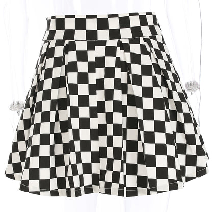 Cute Sexy Checkered Pleated Black White Sash High Waisted Skater Skirt E-Girl Kawaii Korean Japanese Harajuku Streetwear