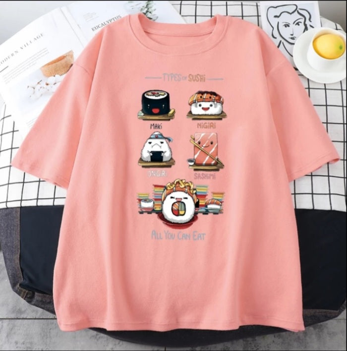 Cute Sushi Food Graphic Cartoon Print Loose Short Sleeve T-shirt Aesthetic Casual Summer E-Girl Kawaii Korean Japanese Harajuku