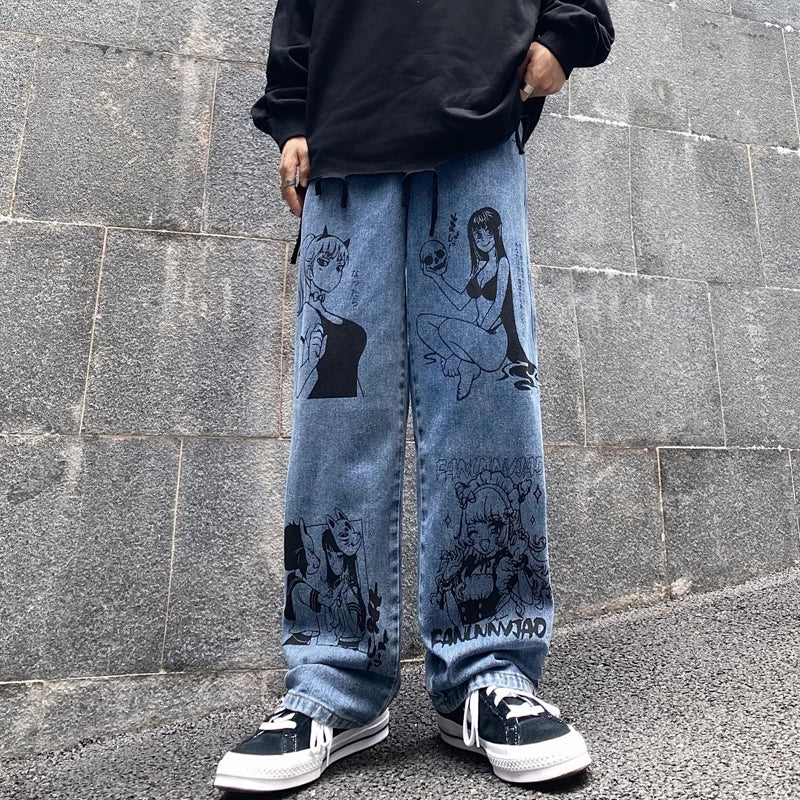 Cute Anime Girl Cartoon Print Denim Jeans Trousers Wide Leg Pants Bottoms Aesthetic Casual Summer E-Girl Kawaii Korean Japanese Harajuku