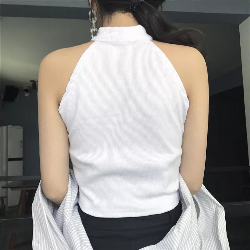 Cute Black White Sexy Knit Zipper Sleeveless Shirt Crop Top Tank Camisole Aesthetic Casual E-Girl Kawaii Korean Japanese Harajuku