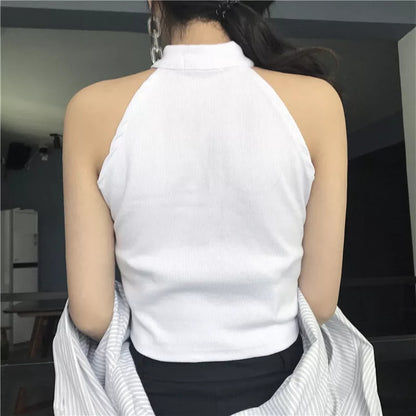 Cute Black White Sexy Knit Zipper Sleeveless Shirt Crop Top Tank Camisole Aesthetic Casual E-Girl Kawaii Korean Japanese Harajuku