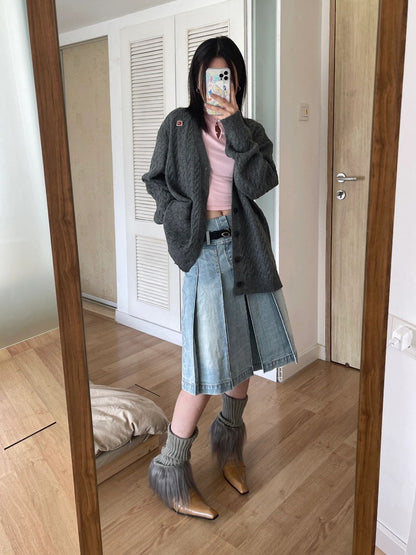 Denim Pleated High Waist Midi Skirt
