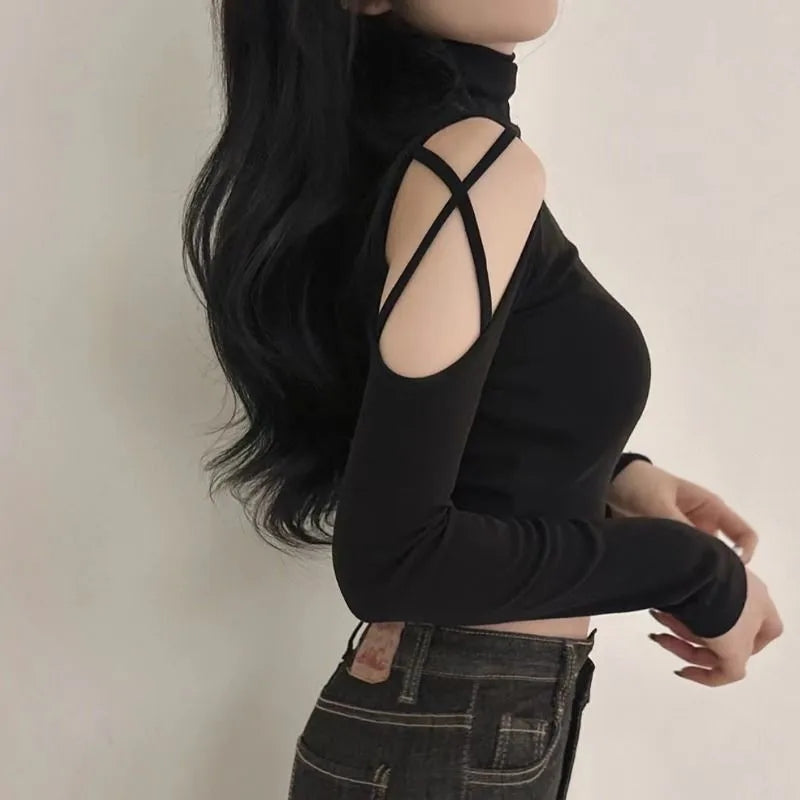 Turtleneck Hollow Out Long Sleeve Crop Top