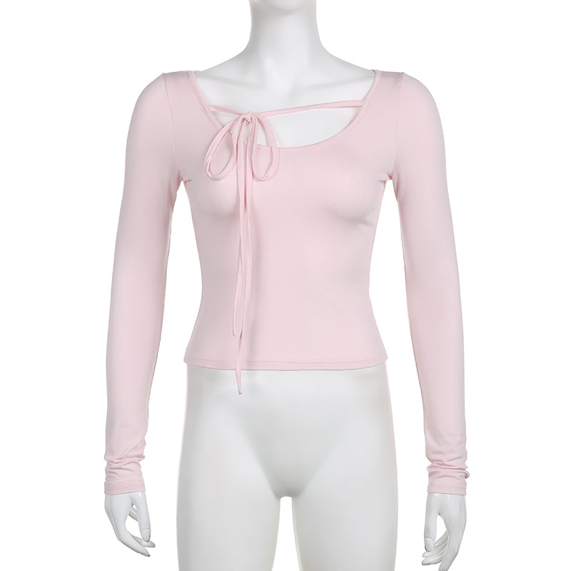 Sweet Lace Up Slash Neck Long Sleeve Shirt