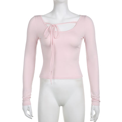 Sweet Lace Up Slash Neck Long Sleeve Shirt