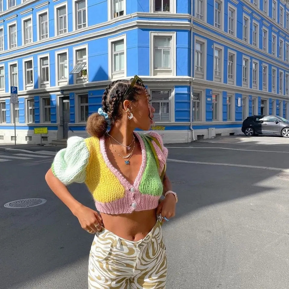 Pastel Crochet V Neck Short Sleeve Shirt