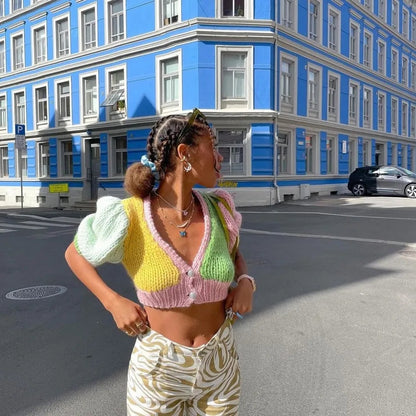Pastel Crochet V Neck Short Sleeve Shirt